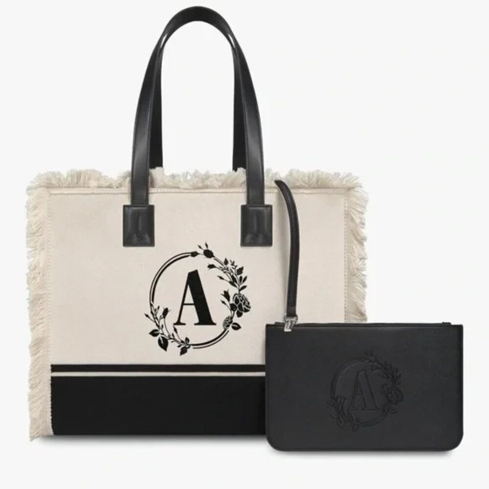 TOPDesign Monogram "A" Canvas Tote Bag for Women, w/ Wristlet Beach Bag Shopping